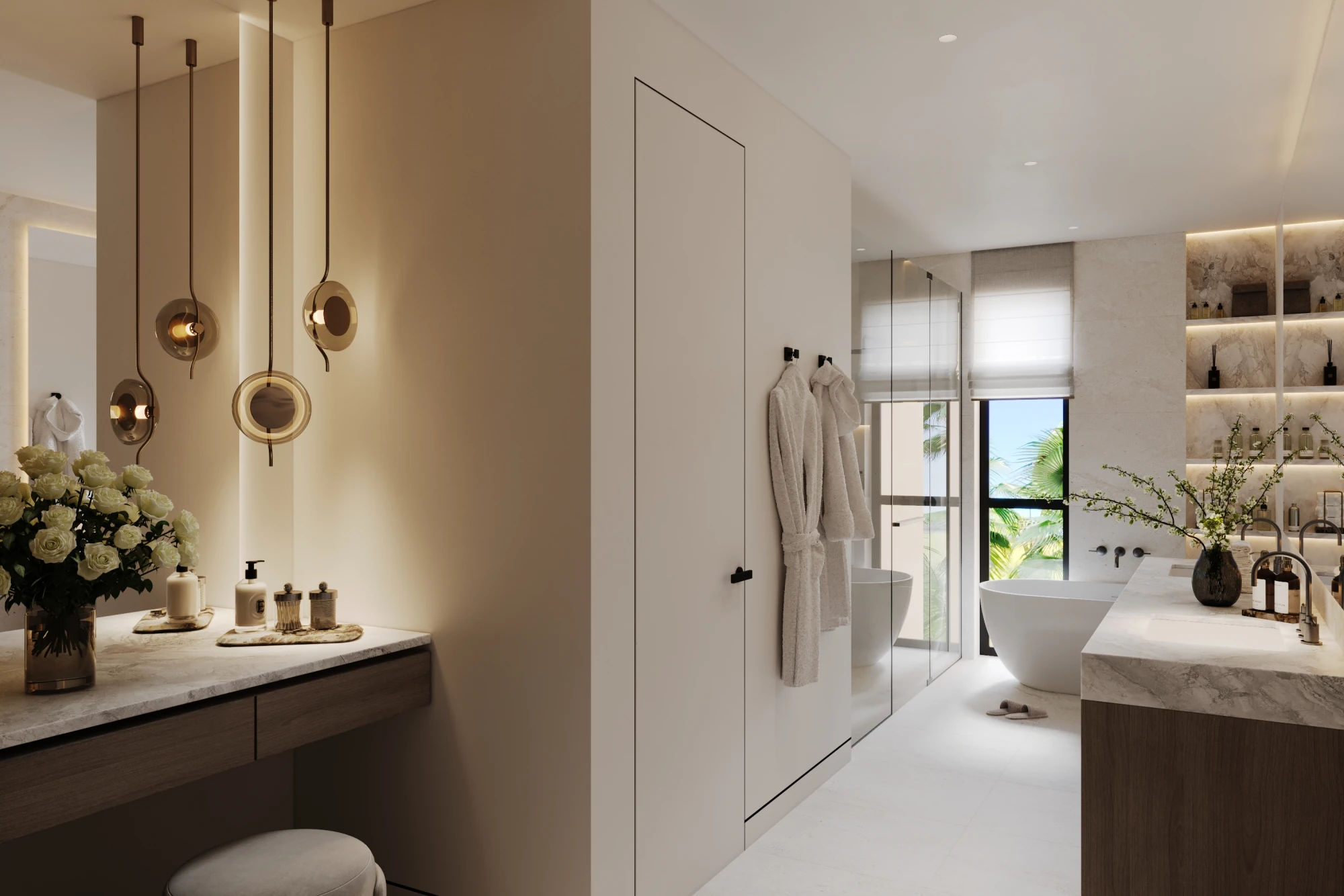 Primary bathroom with freestanding tub and stone finishes.